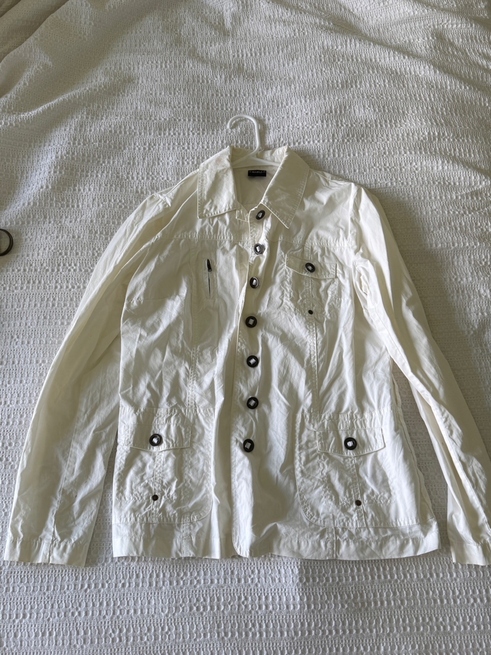 White Button-Front Utility Jacket with Black Contrast Buttons
